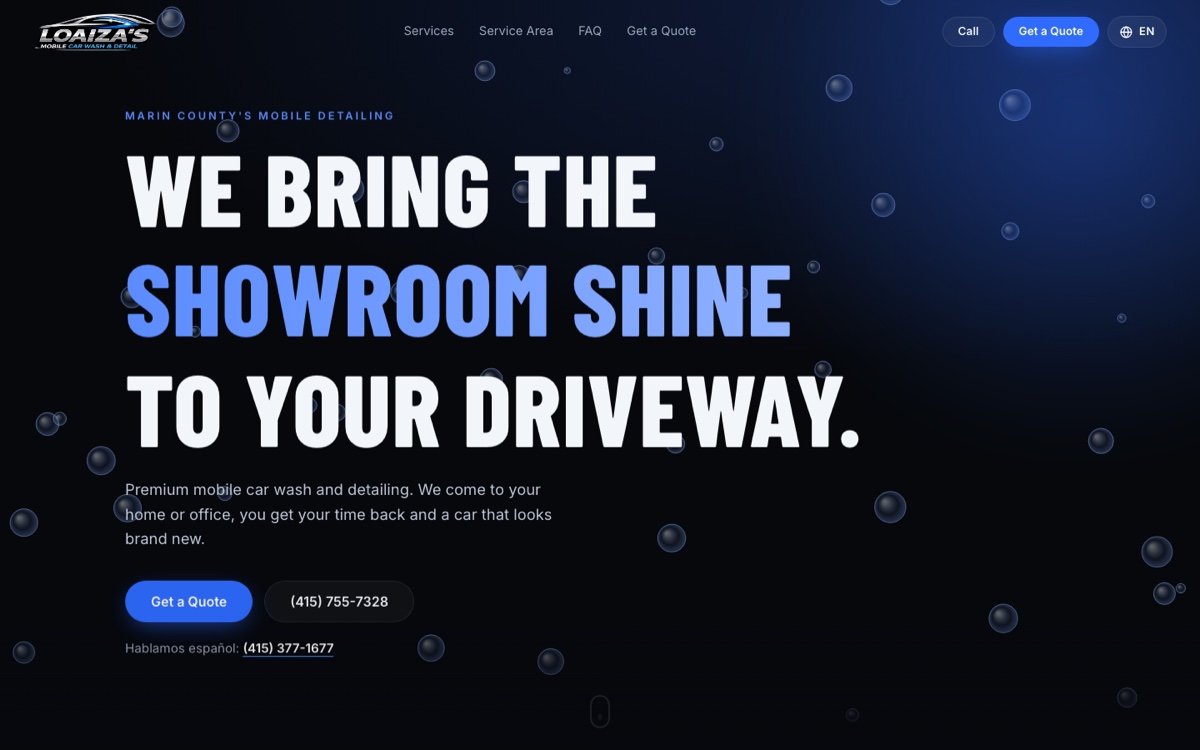 Homepage of Loaiza's Mobile Car Wash & Detailing on a desktop screen